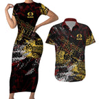 Gold Coast Suns Couples Matching Short Sleeve Bodycon Dress and Hawaiian Shirt Urban Graffiti Street Art - Bold Abstract Spray Paint