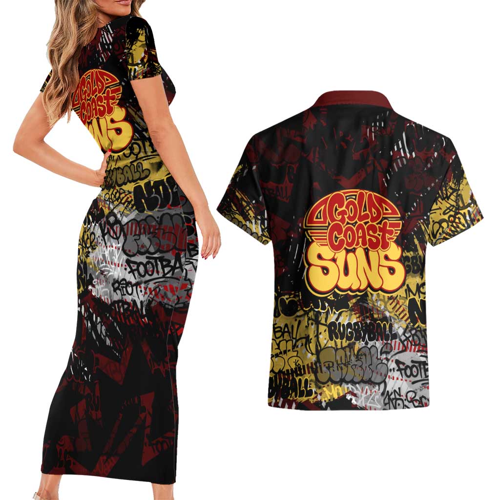 Gold Coast Suns Couples Matching Short Sleeve Bodycon Dress and Hawaiian Shirt Urban Graffiti Street Art - Bold Abstract Spray Paint