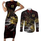 Gold Coast Suns Couples Matching Short Sleeve Bodycon Dress and Long Sleeve Button Shirt Urban Graffiti Street Art - Bold Abstract Spray Paint