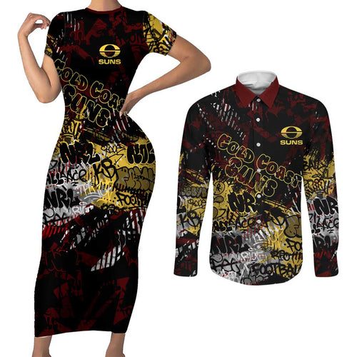Gold Coast Suns Couples Matching Short Sleeve Bodycon Dress and Long Sleeve Button Shirt Urban Graffiti Street Art - Bold Abstract Spray Paint