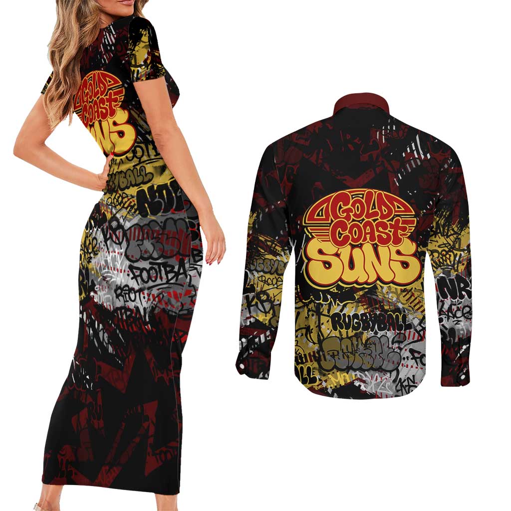 Gold Coast Suns Couples Matching Short Sleeve Bodycon Dress and Long Sleeve Button Shirt Urban Graffiti Street Art - Bold Abstract Spray Paint