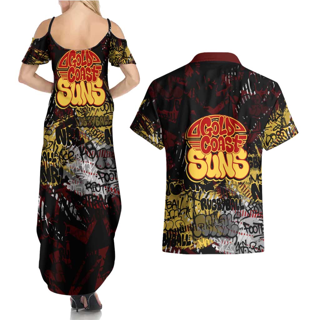 Gold Coast Suns Couples Matching Summer Maxi Dress and Hawaiian Shirt Urban Graffiti Street Art - Bold Abstract Spray Paint