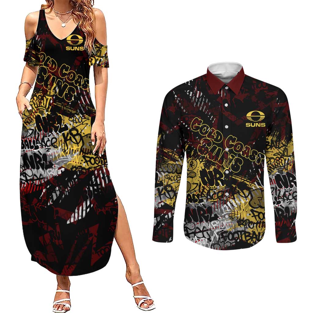 Gold Coast Suns Couples Matching Summer Maxi Dress and Long Sleeve Button Shirt Urban Graffiti Street Art - Bold Abstract Spray Paint