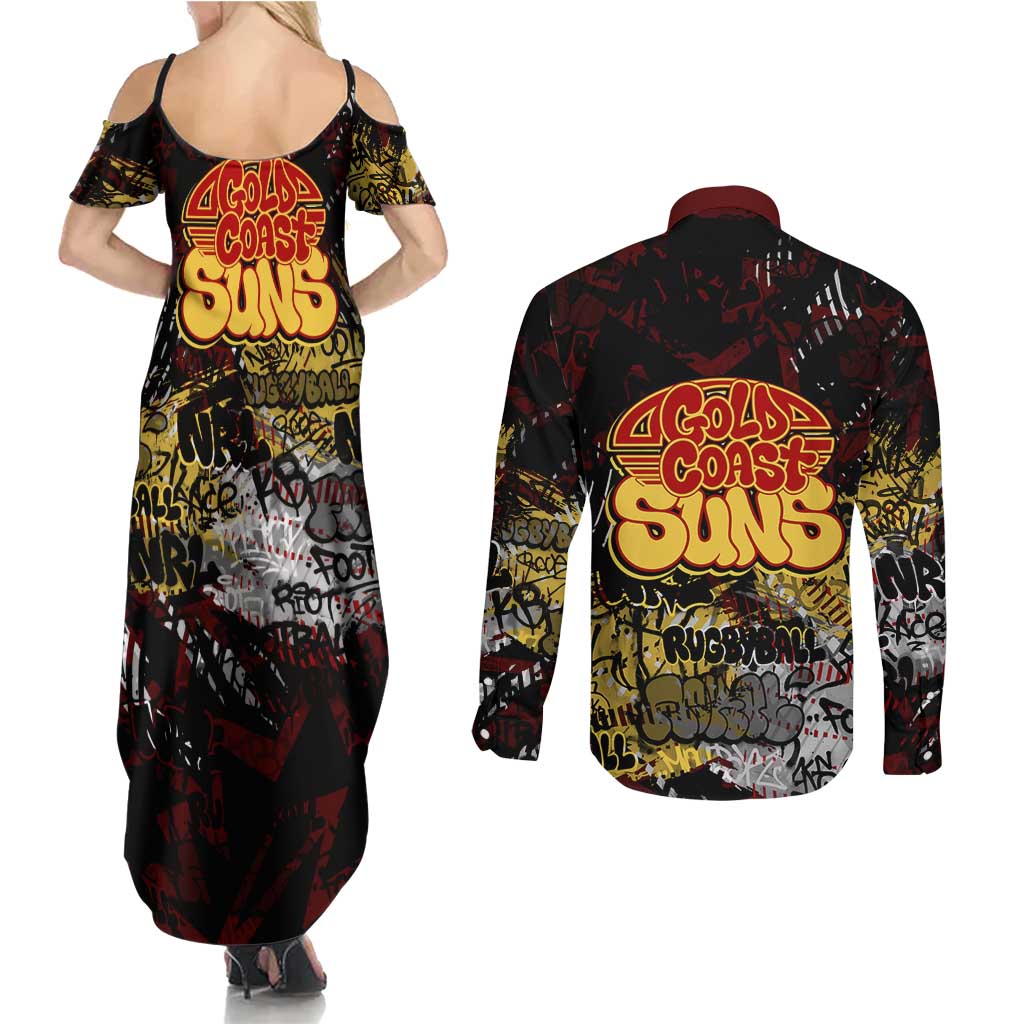 Gold Coast Suns Couples Matching Summer Maxi Dress and Long Sleeve Button Shirt Urban Graffiti Street Art - Bold Abstract Spray Paint