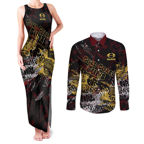Gold Coast Suns Couples Matching Tank Maxi Dress and Long Sleeve Button Shirt Urban Graffiti Street Art - Bold Abstract Spray Paint