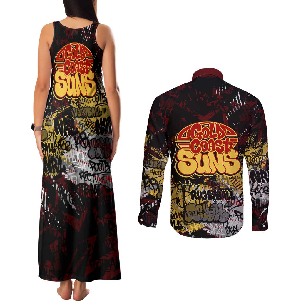 Gold Coast Suns Couples Matching Tank Maxi Dress and Long Sleeve Button Shirt Urban Graffiti Street Art - Bold Abstract Spray Paint