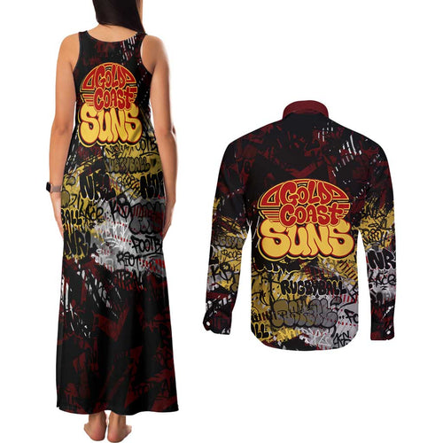 Gold Coast Suns Couples Matching Tank Maxi Dress and Long Sleeve Button Shirt Urban Graffiti Street Art - Bold Abstract Spray Paint