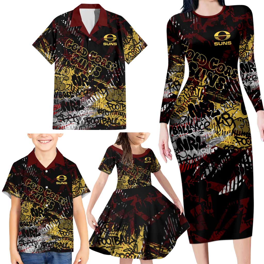 Gold Coast Suns Family Matching Long Sleeve Bodycon Dress and Hawaiian Shirt Urban Graffiti Street Art - Bold Abstract Spray Paint