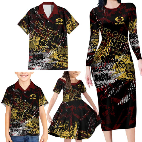 Gold Coast Suns Family Matching Long Sleeve Bodycon Dress and Hawaiian Shirt Urban Graffiti Street Art - Bold Abstract Spray Paint