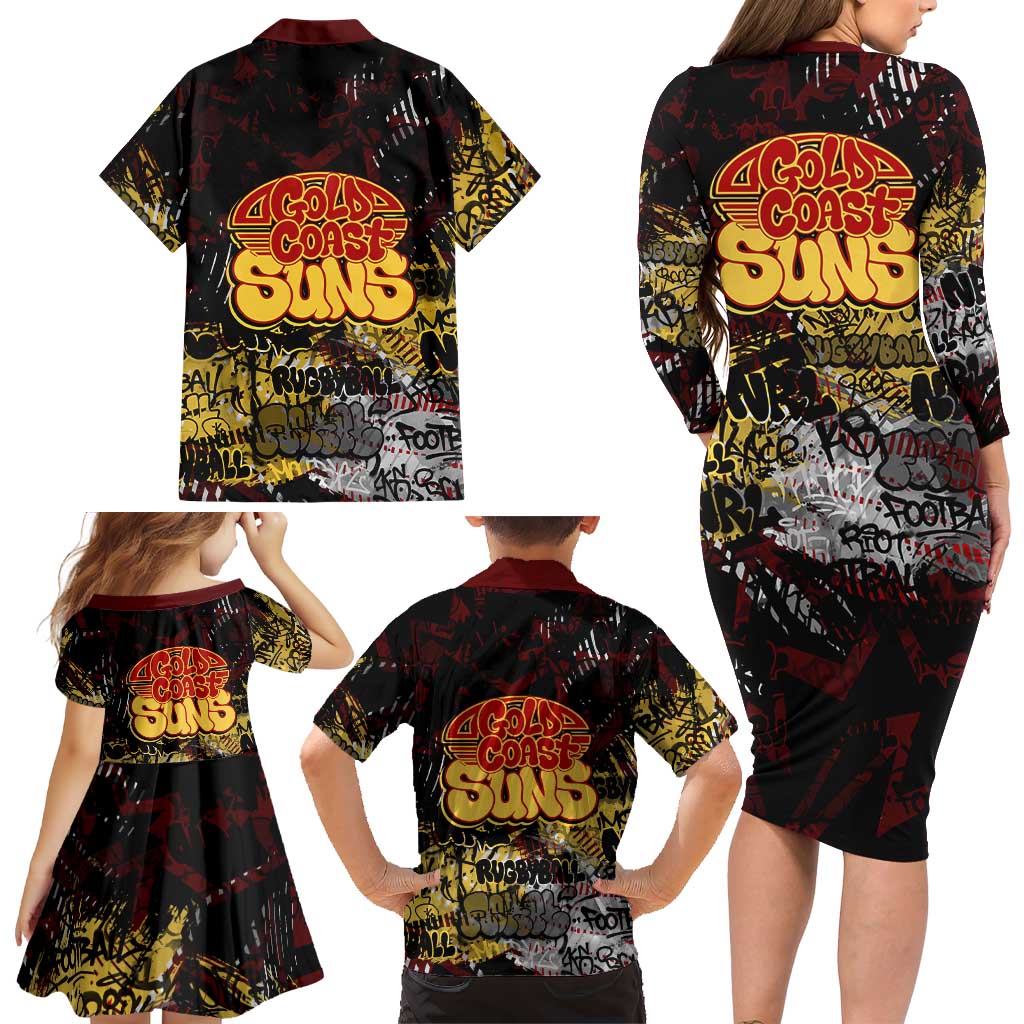 Gold Coast Suns Family Matching Long Sleeve Bodycon Dress and Hawaiian Shirt Urban Graffiti Street Art - Bold Abstract Spray Paint