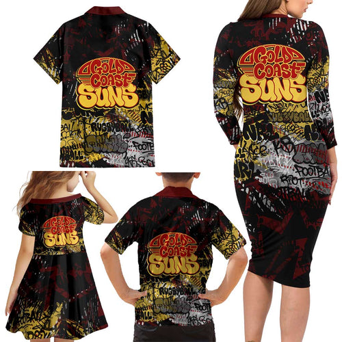 Gold Coast Suns Family Matching Long Sleeve Bodycon Dress and Hawaiian Shirt Urban Graffiti Street Art - Bold Abstract Spray Paint