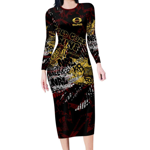 Gold Coast Suns Family Matching Long Sleeve Bodycon Dress and Hawaiian Shirt Urban Graffiti Street Art - Bold Abstract Spray Paint