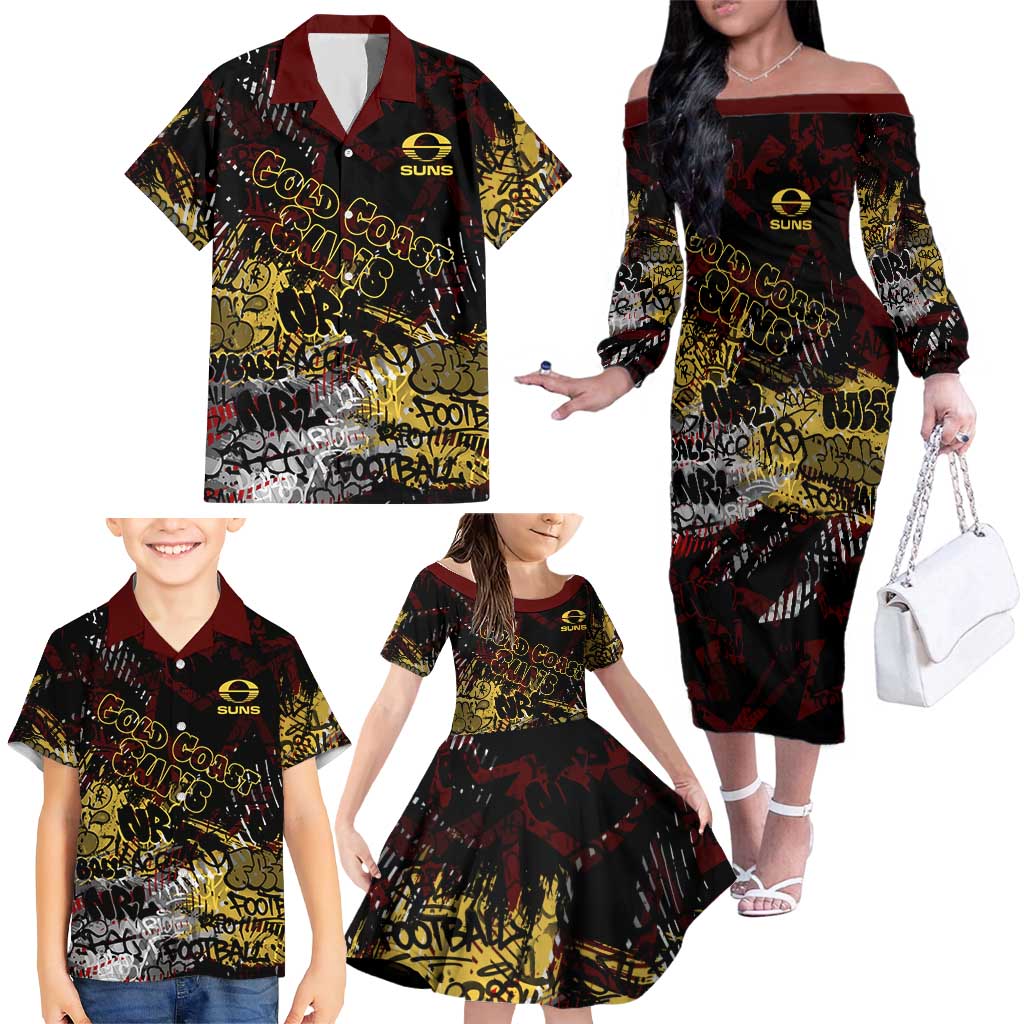 Gold Coast Suns Family Matching Off The Shoulder Long Sleeve Dress and Hawaiian Shirt Urban Graffiti Street Art - Bold Abstract Spray Paint