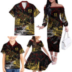 Gold Coast Suns Family Matching Off The Shoulder Long Sleeve Dress and Hawaiian Shirt Urban Graffiti Street Art - Bold Abstract Spray Paint