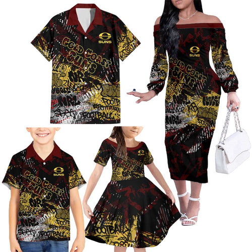Gold Coast Suns Family Matching Off The Shoulder Long Sleeve Dress and Hawaiian Shirt Urban Graffiti Street Art - Bold Abstract Spray Paint
