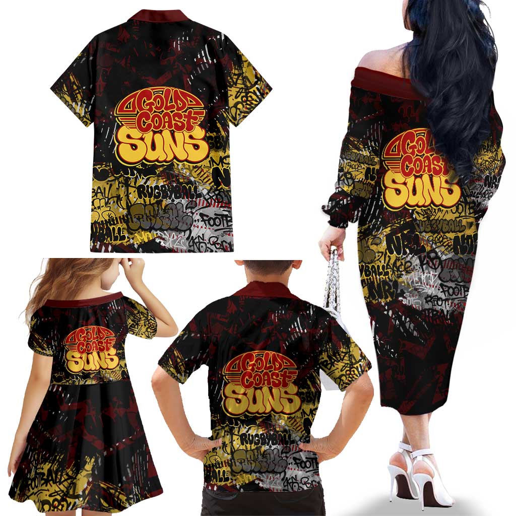 Gold Coast Suns Family Matching Off The Shoulder Long Sleeve Dress and Hawaiian Shirt Urban Graffiti Street Art - Bold Abstract Spray Paint