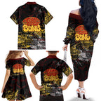 Gold Coast Suns Family Matching Off The Shoulder Long Sleeve Dress and Hawaiian Shirt Urban Graffiti Street Art - Bold Abstract Spray Paint