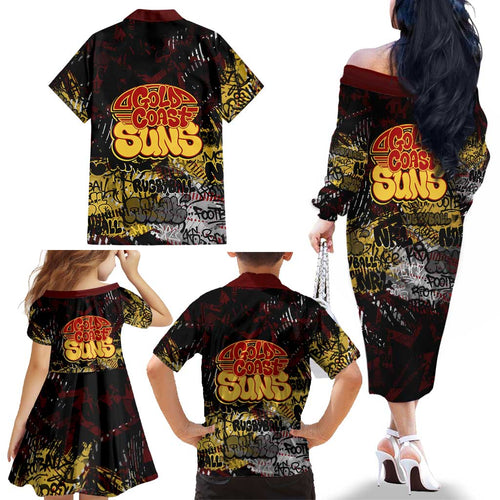 Gold Coast Suns Family Matching Off The Shoulder Long Sleeve Dress and Hawaiian Shirt Urban Graffiti Street Art - Bold Abstract Spray Paint