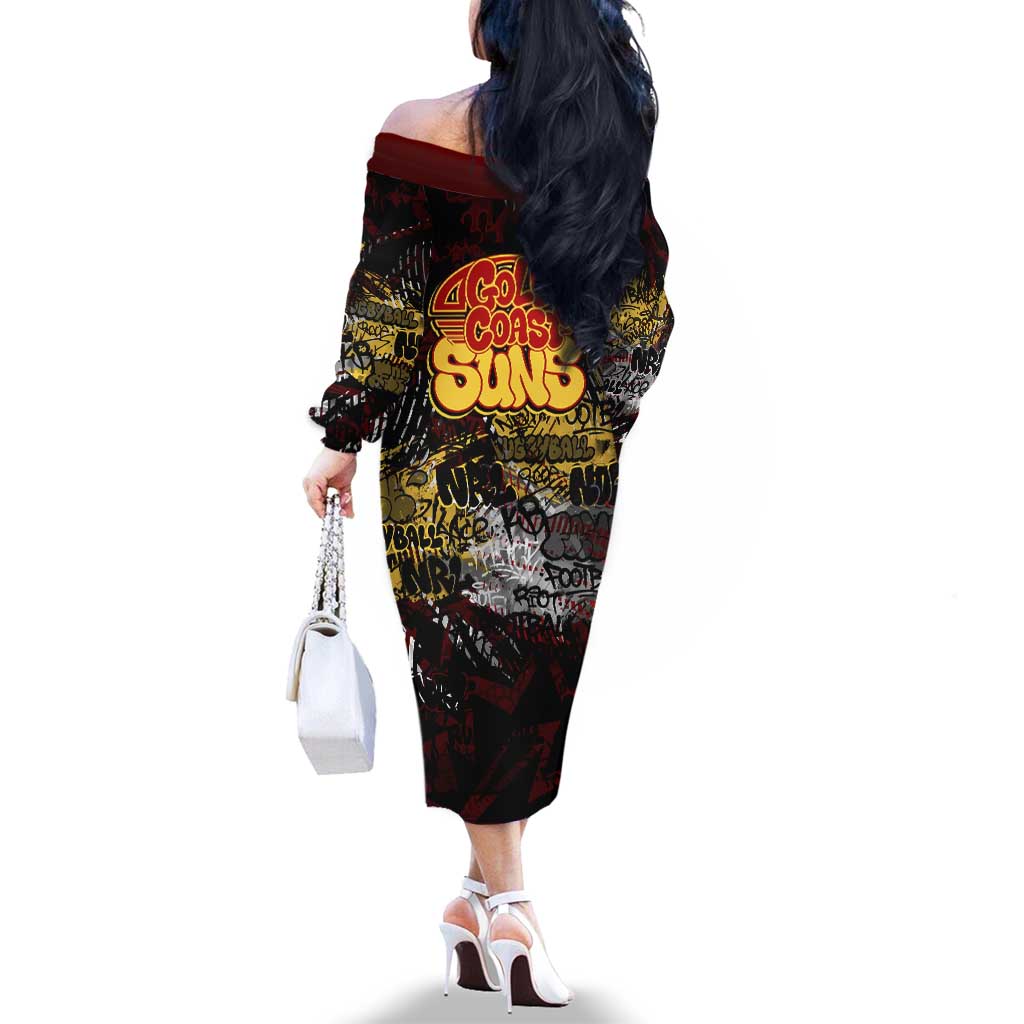 Gold Coast Suns Family Matching Off The Shoulder Long Sleeve Dress and Hawaiian Shirt Urban Graffiti Street Art - Bold Abstract Spray Paint