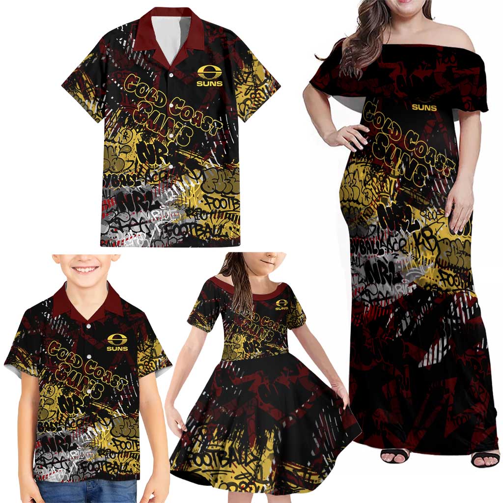 Gold Coast Suns Family Matching Off Shoulder Maxi Dress and Hawaiian Shirt Urban Graffiti Street Art - Bold Abstract Spray Paint