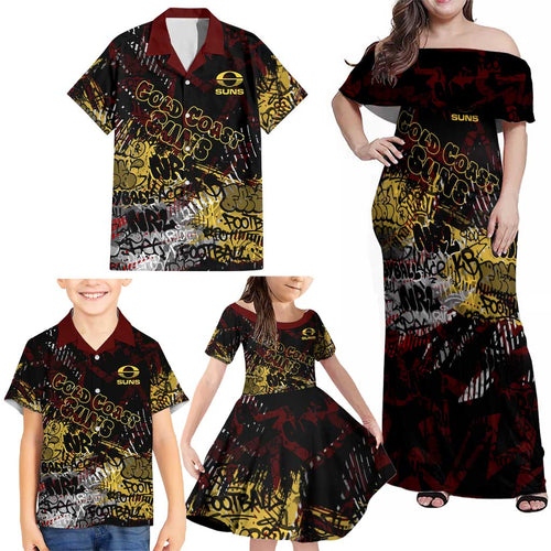 Gold Coast Suns Family Matching Off Shoulder Maxi Dress and Hawaiian Shirt Urban Graffiti Street Art - Bold Abstract Spray Paint