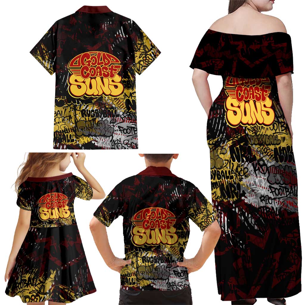 Gold Coast Suns Family Matching Off Shoulder Maxi Dress and Hawaiian Shirt Urban Graffiti Street Art - Bold Abstract Spray Paint