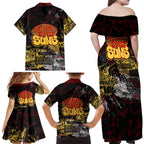 Gold Coast Suns Family Matching Off Shoulder Maxi Dress and Hawaiian Shirt Urban Graffiti Street Art - Bold Abstract Spray Paint