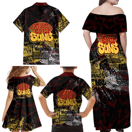 Gold Coast Suns Family Matching Off Shoulder Maxi Dress and Hawaiian Shirt Urban Graffiti Street Art - Bold Abstract Spray Paint