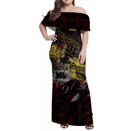 Gold Coast Suns Family Matching Off Shoulder Maxi Dress and Hawaiian Shirt Urban Graffiti Street Art - Bold Abstract Spray Paint