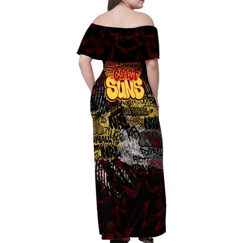 Gold Coast Suns Family Matching Off Shoulder Maxi Dress and Hawaiian Shirt Urban Graffiti Street Art - Bold Abstract Spray Paint