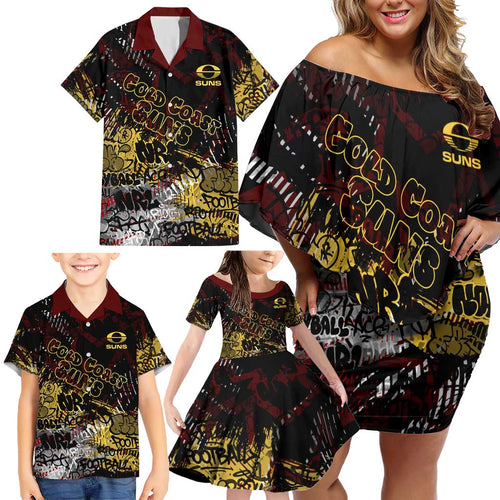 Gold Coast Suns Family Matching Off Shoulder Short Dress and Hawaiian Shirt Urban Graffiti Street Art - Bold Abstract Spray Paint