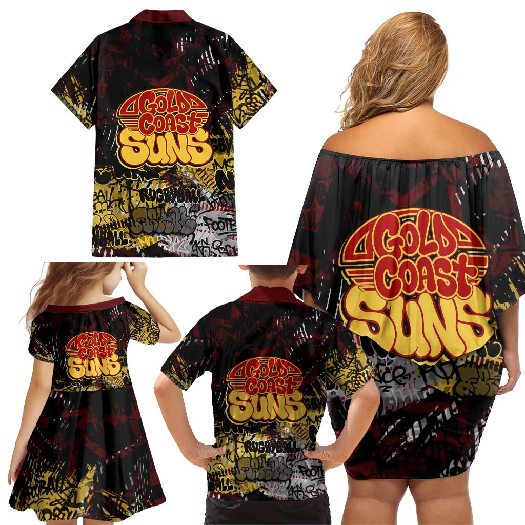 Gold Coast Suns Family Matching Off Shoulder Short Dress and Hawaiian Shirt Urban Graffiti Street Art - Bold Abstract Spray Paint