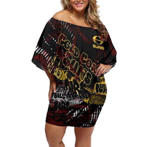Gold Coast Suns Family Matching Off Shoulder Short Dress and Hawaiian Shirt Urban Graffiti Street Art - Bold Abstract Spray Paint