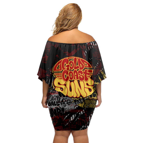 Gold Coast Suns Family Matching Off Shoulder Short Dress and Hawaiian Shirt Urban Graffiti Street Art - Bold Abstract Spray Paint