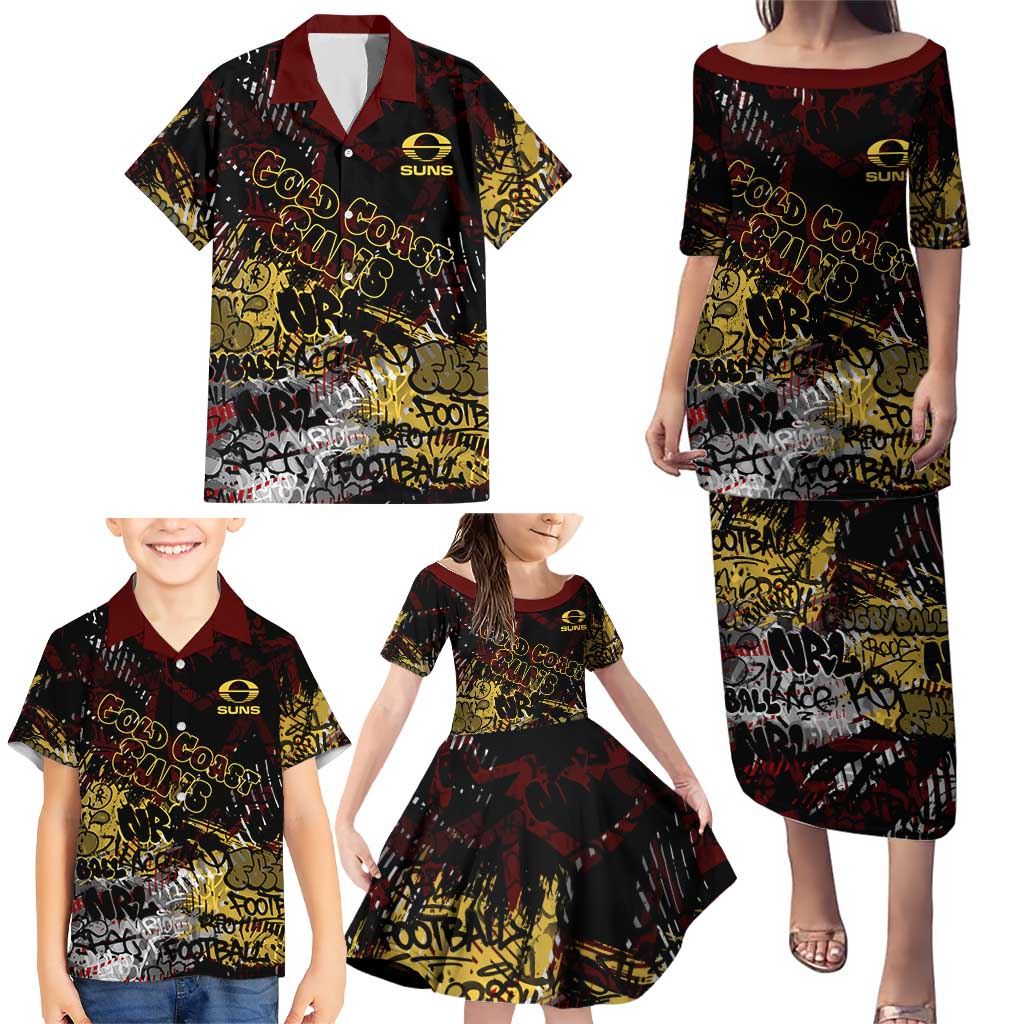 Gold Coast Suns Family Matching Puletasi and Hawaiian Shirt Urban Graffiti Street Art - Bold Abstract Spray Paint