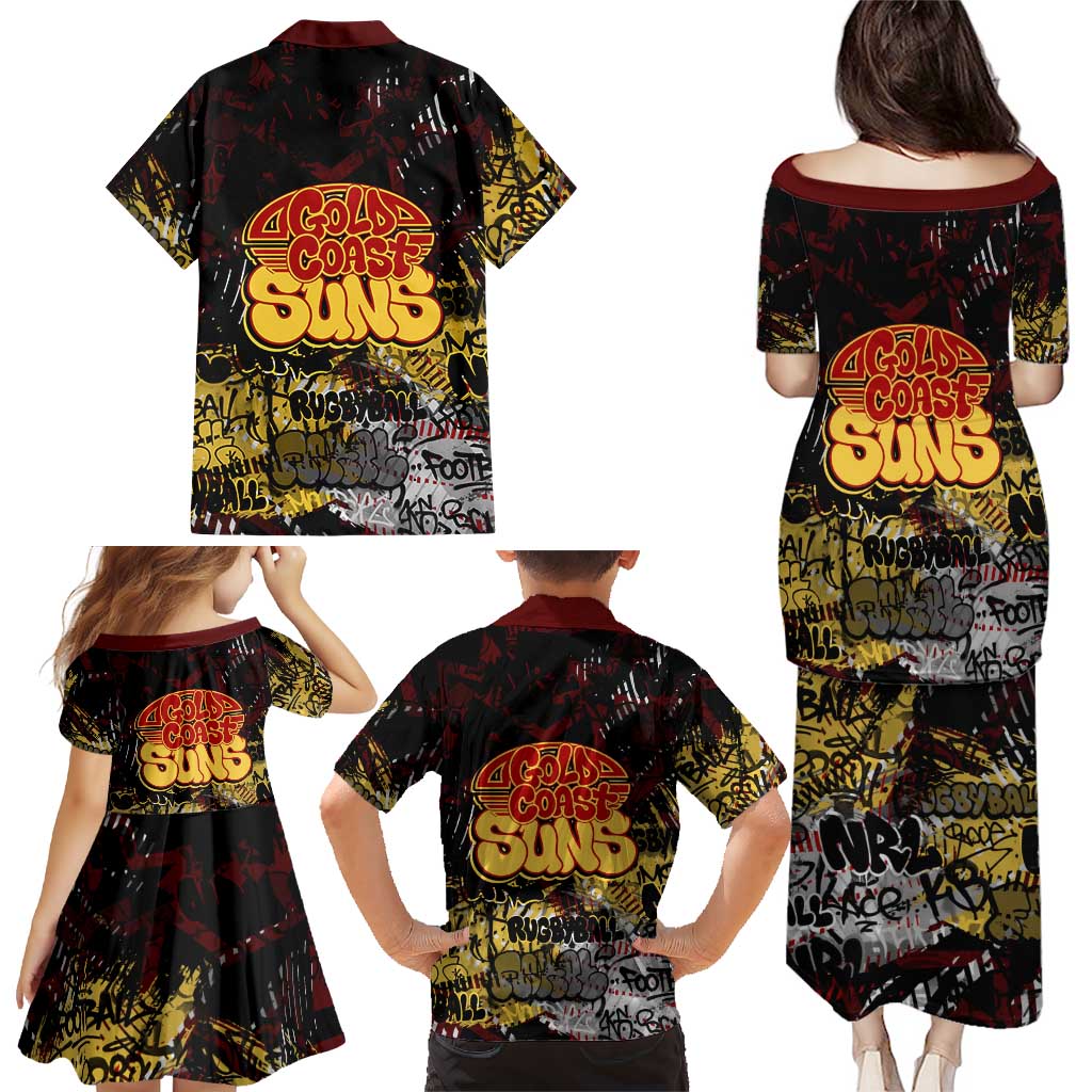 Gold Coast Suns Family Matching Puletasi and Hawaiian Shirt Urban Graffiti Street Art - Bold Abstract Spray Paint