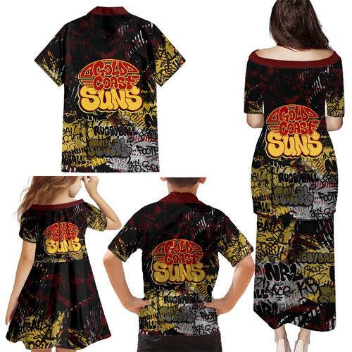 Gold Coast Suns Family Matching Puletasi and Hawaiian Shirt Urban Graffiti Street Art - Bold Abstract Spray Paint