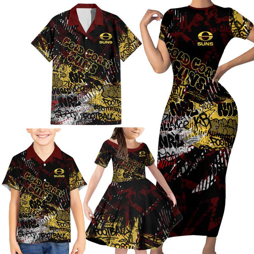 Gold Coast Suns Family Matching Short Sleeve Bodycon Dress and Hawaiian Shirt Urban Graffiti Street Art - Bold Abstract Spray Paint