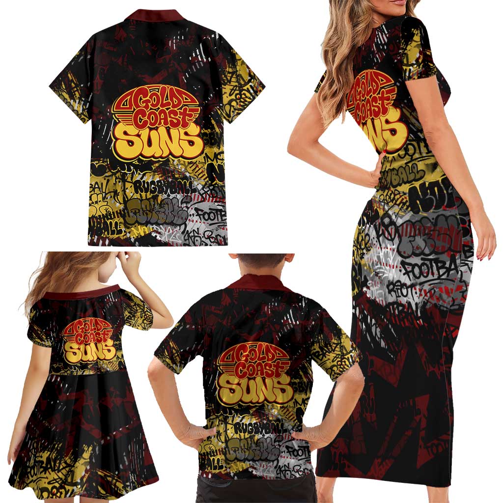 Gold Coast Suns Family Matching Short Sleeve Bodycon Dress and Hawaiian Shirt Urban Graffiti Street Art - Bold Abstract Spray Paint