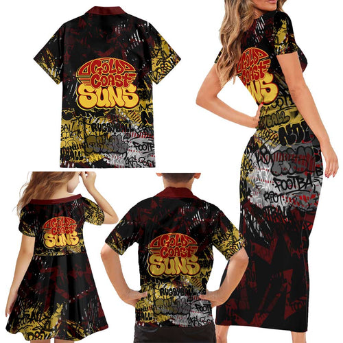 Gold Coast Suns Family Matching Short Sleeve Bodycon Dress and Hawaiian Shirt Urban Graffiti Street Art - Bold Abstract Spray Paint