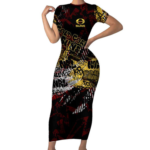 Gold Coast Suns Family Matching Short Sleeve Bodycon Dress and Hawaiian Shirt Urban Graffiti Street Art - Bold Abstract Spray Paint