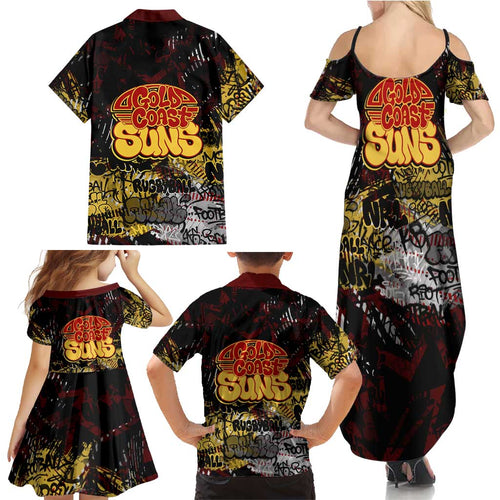 Gold Coast Suns Family Matching Summer Maxi Dress and Hawaiian Shirt Urban Graffiti Street Art - Bold Abstract Spray Paint