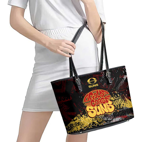Gold Coast Suns Leather Tote Bag Urban Graffiti Street Art - Bold Abstract Spray Paint