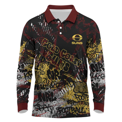 Gold Coast Suns Long Sleeve Polo Shirt Urban Graffiti Street Art - Bold Abstract Spray Paint