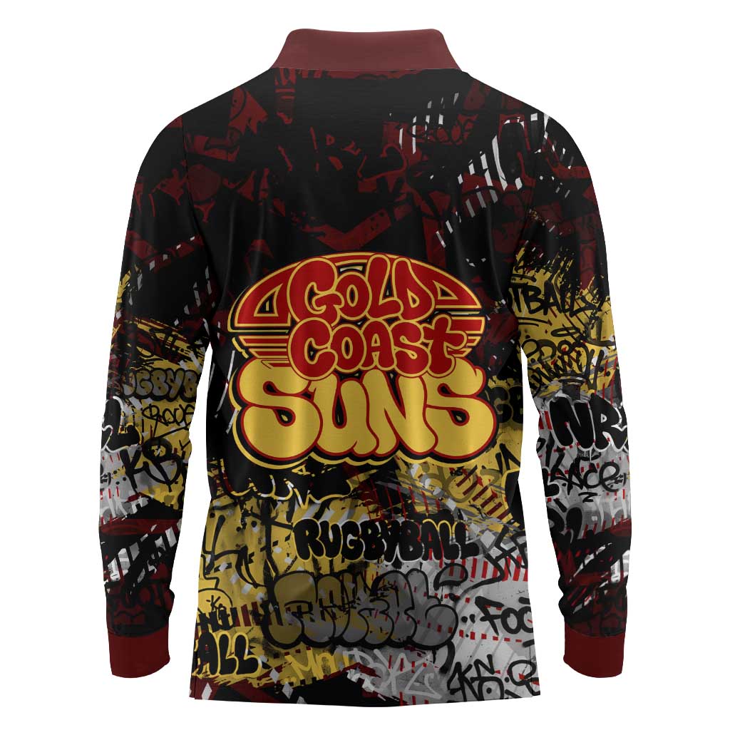 Gold Coast Suns Long Sleeve Polo Shirt Urban Graffiti Street Art - Bold Abstract Spray Paint
