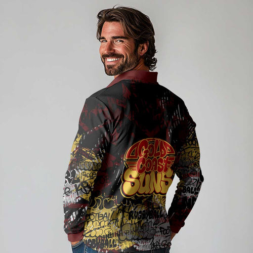 Gold Coast Suns Long Sleeve Polo Shirt Urban Graffiti Street Art - Bold Abstract Spray Paint