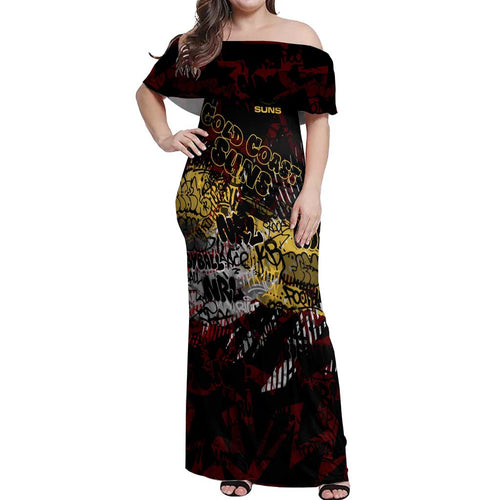 Gold Coast Suns Off Shoulder Maxi Dress Urban Graffiti Street Art - Bold Abstract Spray Paint