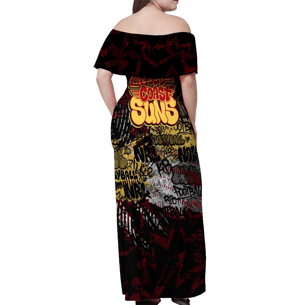 Gold Coast Suns Off Shoulder Maxi Dress Urban Graffiti Street Art - Bold Abstract Spray Paint