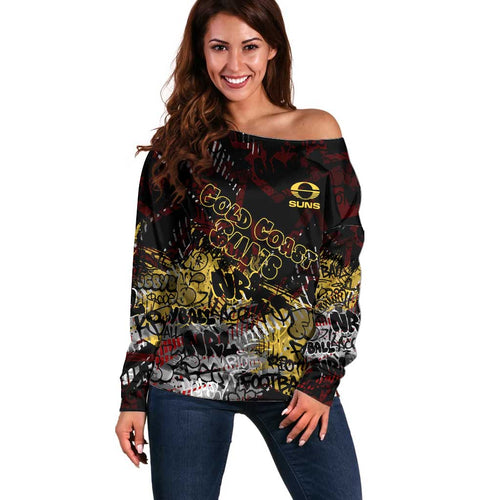 Gold Coast Suns Off Shoulder Sweater Urban Graffiti Street Art - Bold Abstract Spray Paint