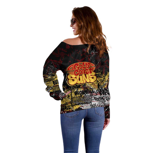 Gold Coast Suns Off Shoulder Sweater Urban Graffiti Street Art - Bold Abstract Spray Paint